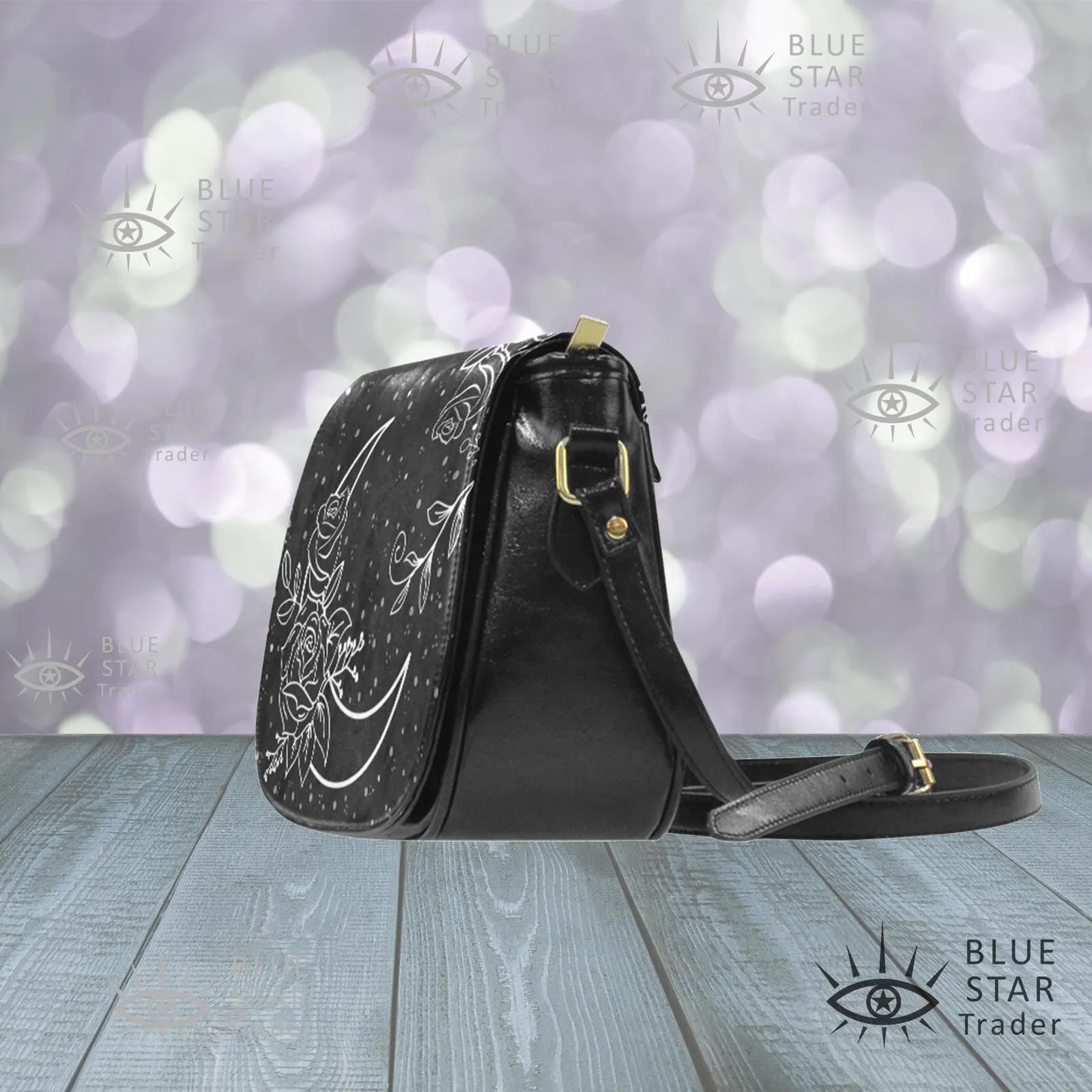 Moon Flowers Vegan Saddle Bag Purse Black and White