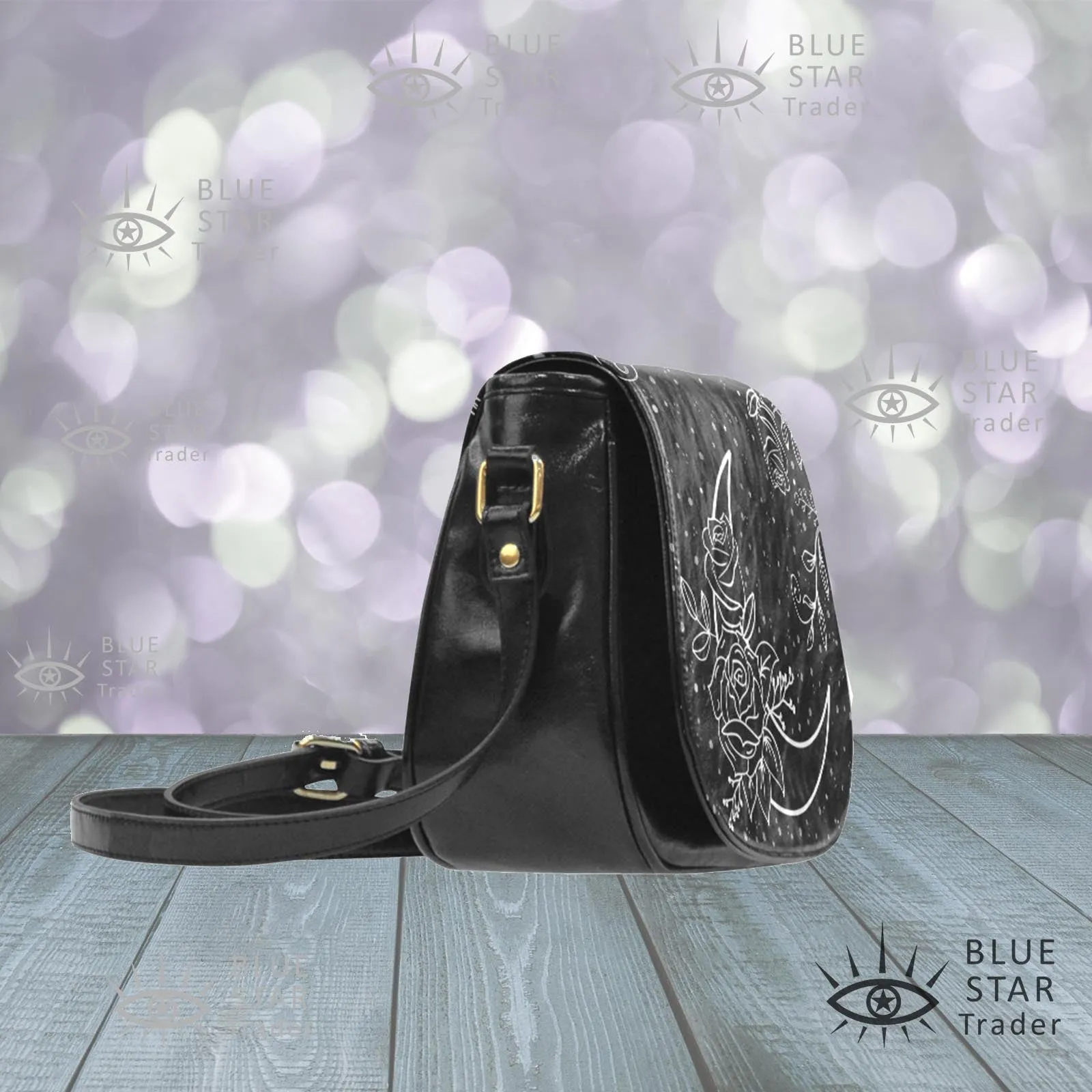 Moon Flowers Vegan Saddle Bag Purse Black and White