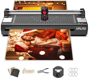 New, box is damaged contents are perfect! 13 Inches Laminator Machine for A3 A4 A6, UALAU 7 in 1 Thermal Laminator with 20 Laminating Pouches, Paper Trimmer, Corner Rounder, Photo Frame for Home School Office Use By UALAU