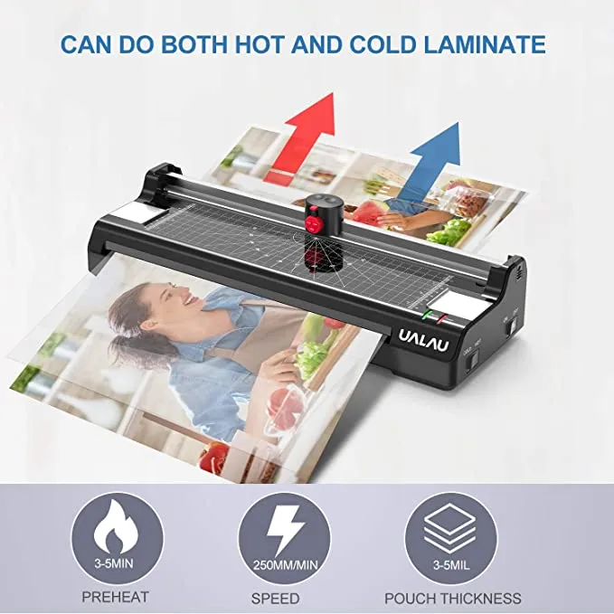 New, box is damaged contents are perfect! 13 Inches Laminator Machine for A3 A4 A6, UALAU 7 in 1 Thermal Laminator with 20 Laminating Pouches, Paper Trimmer, Corner Rounder, Photo Frame for Home School Office Use By UALAU
