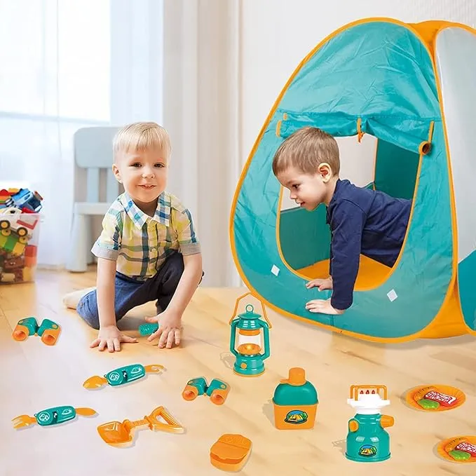 New Kids Camping Tent Set Toys,20 PCS Pop Up Play Tent with Kids Camping Gear Set Pretend Play Camping Tools Adventure Set for Toddlers Boys Girls