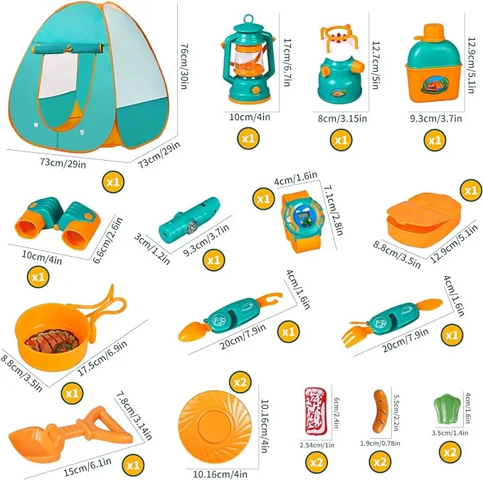 New Kids Camping Tent Set Toys,20 PCS Pop Up Play Tent with Kids Camping Gear Set Pretend Play Camping Tools Adventure Set for Toddlers Boys Girls