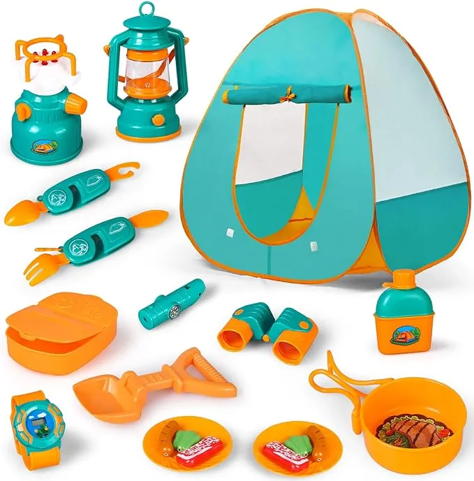 New Kids Camping Tent Set Toys,20 PCS Pop Up Play Tent with Kids Camping Gear Set Pretend Play Camping Tools Adventure Set for Toddlers Boys Girls