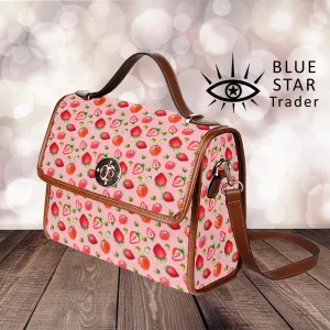 Pink Strawberries Pattern Purse, Canvas Satchel Bag