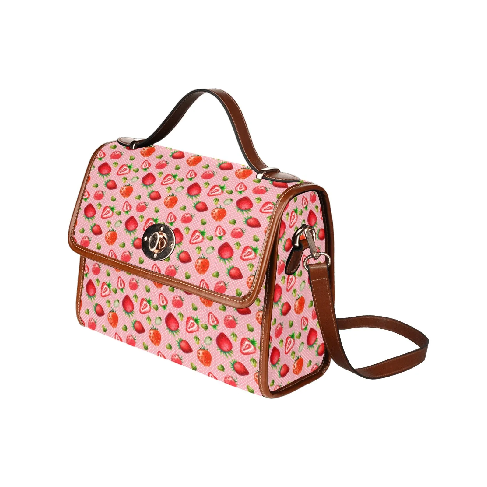 Pink Strawberries Pattern Purse, Canvas Satchel Bag