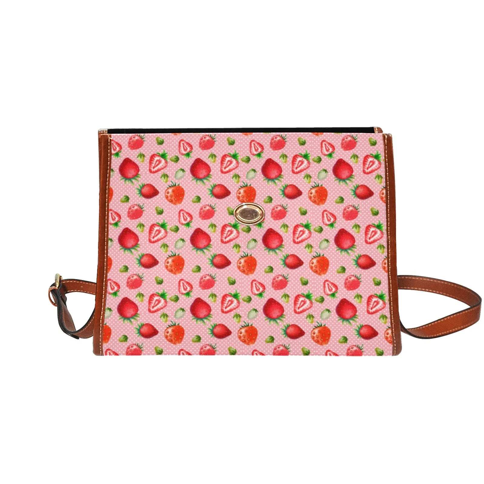 Pink Strawberries Pattern Purse, Canvas Satchel Bag
