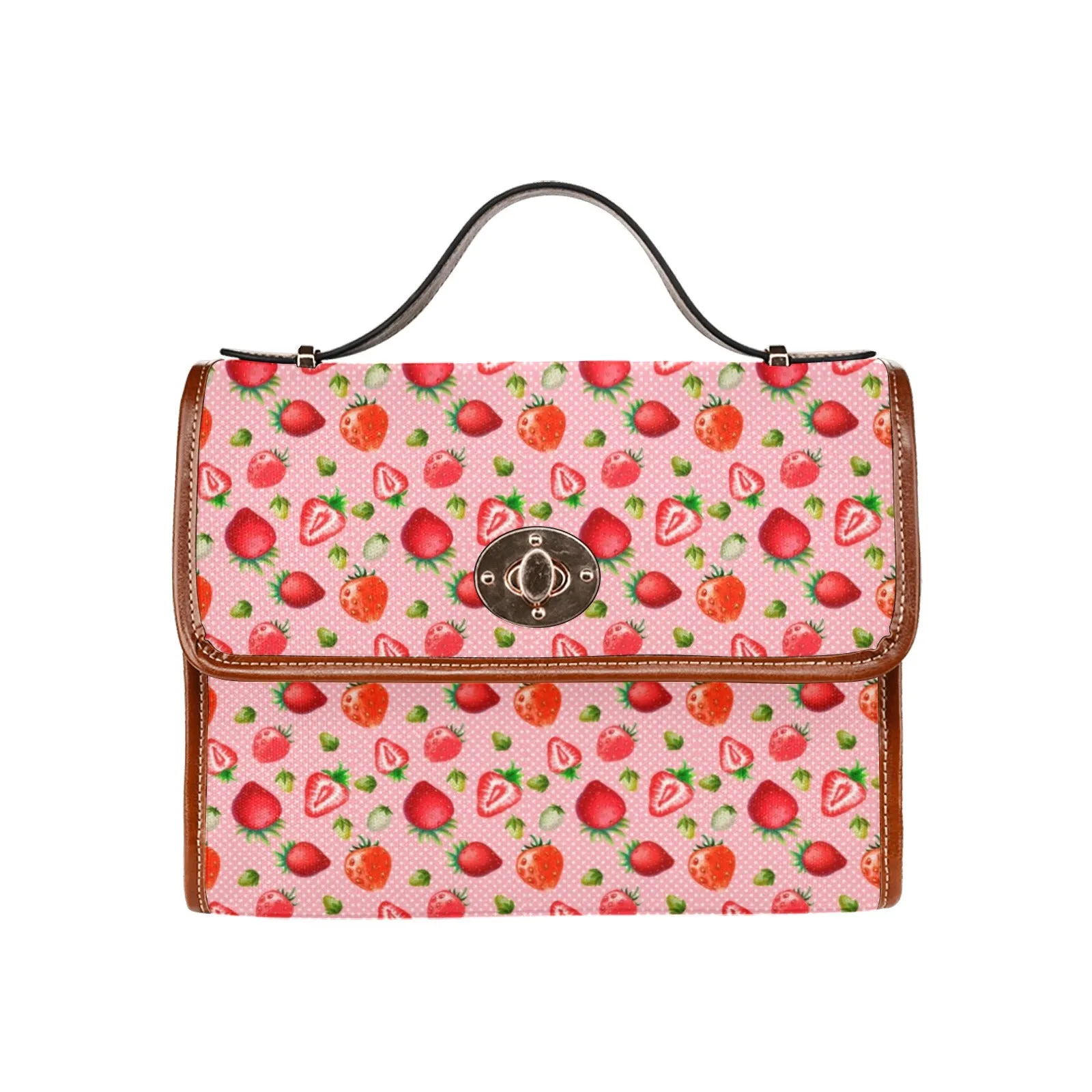 Pink Strawberries Pattern Purse, Canvas Satchel Bag