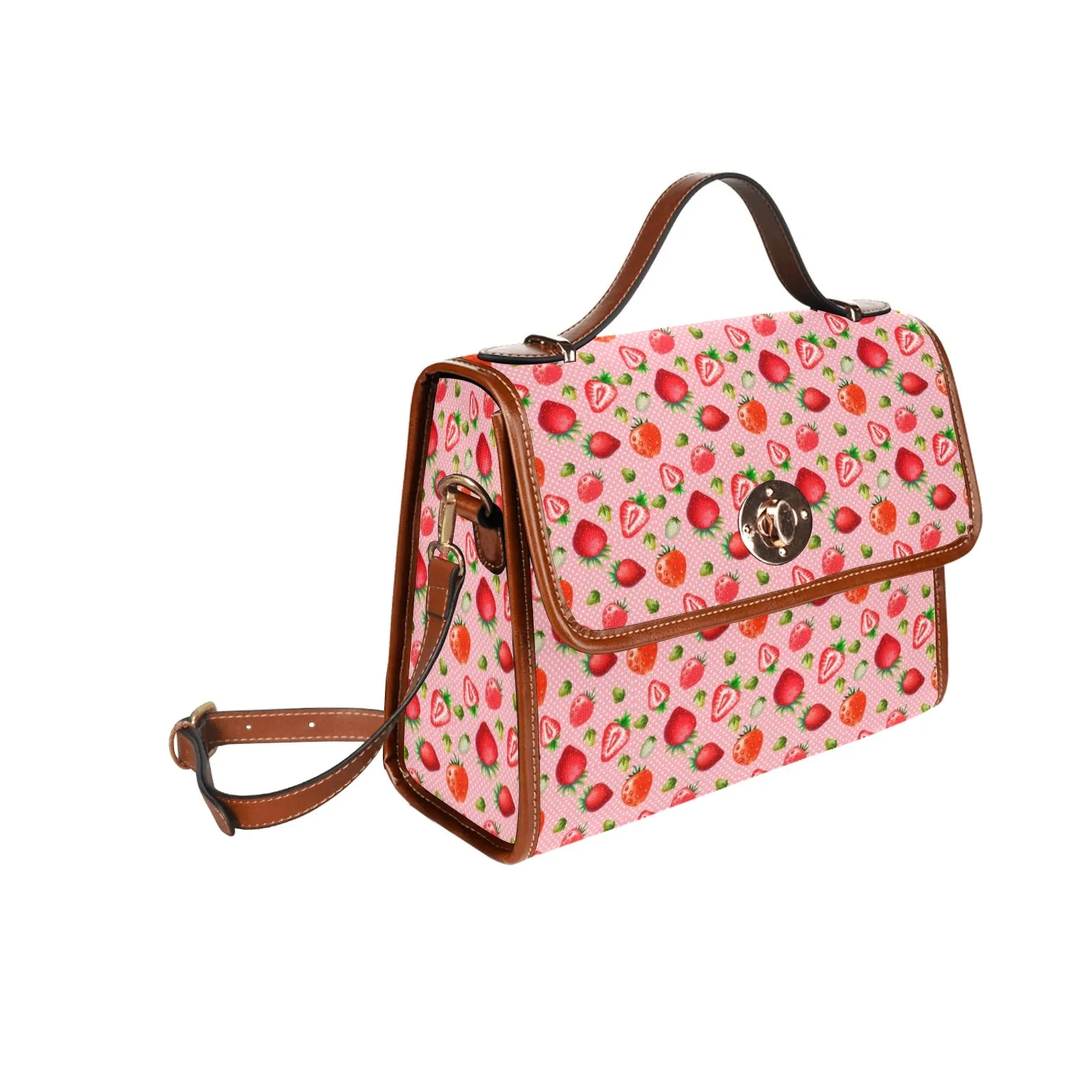 Pink Strawberries Pattern Purse, Canvas Satchel Bag