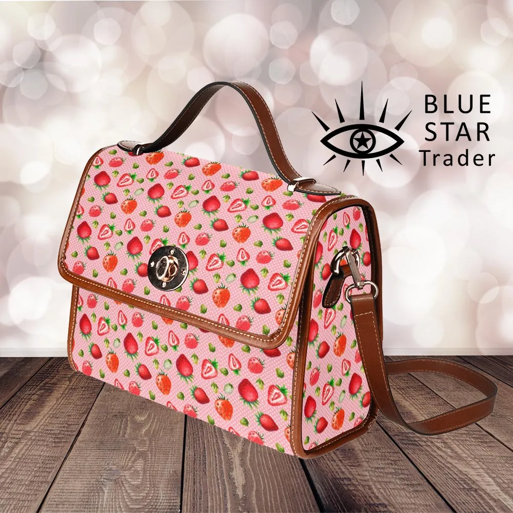 Pink Strawberries Pattern Purse, Canvas Satchel Bag