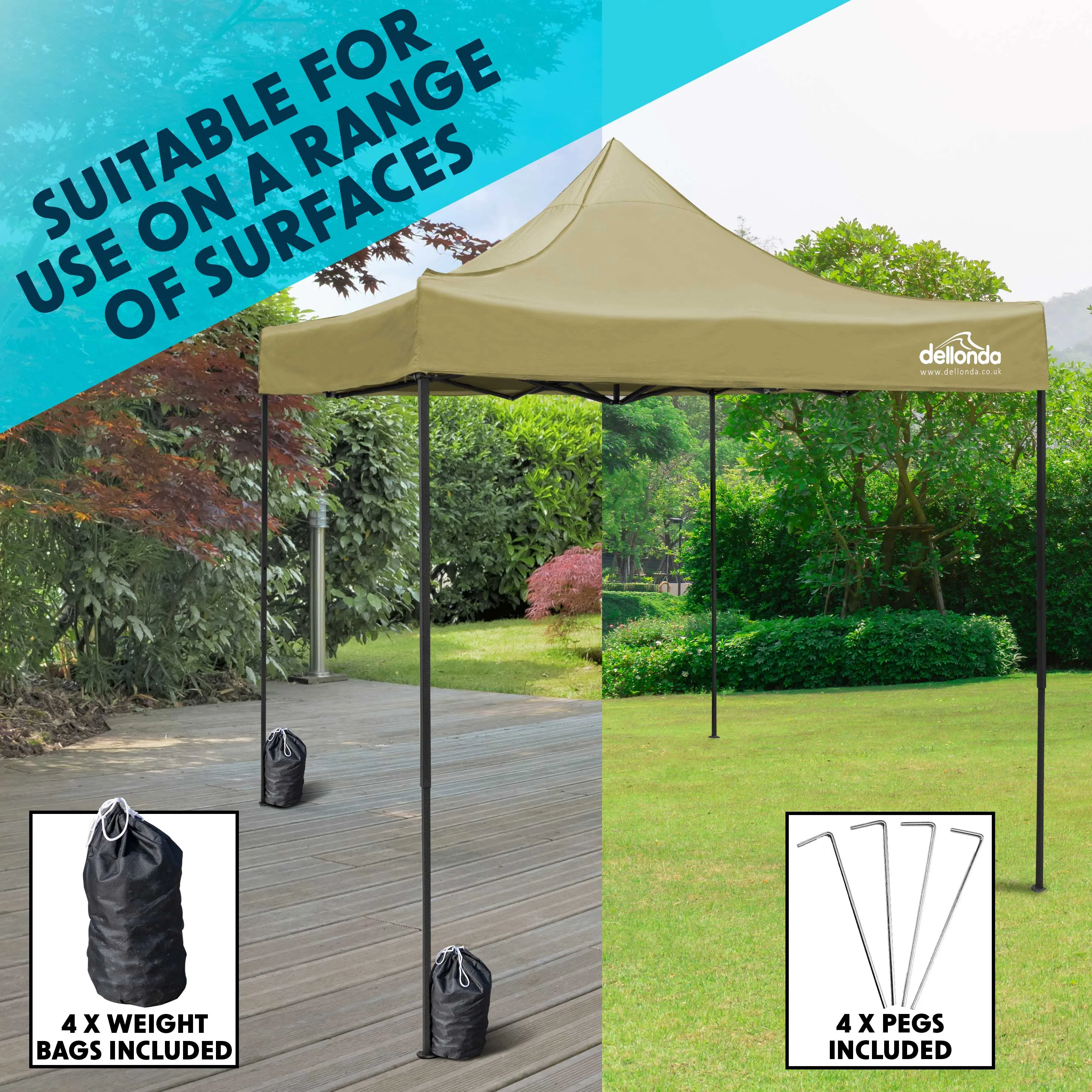 Premium 2x2m Pop-Up Gazebo, Water Resistant, Carry Bag, Stakes & Weight Bags - Beige - DG126