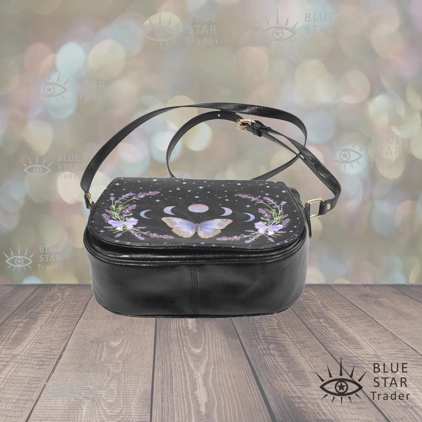 Purple Butterfly Saddlebag Purse with Lavender Flowers