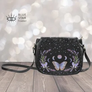 Purple Butterfly Saddlebag Purse with Lavender Flowers