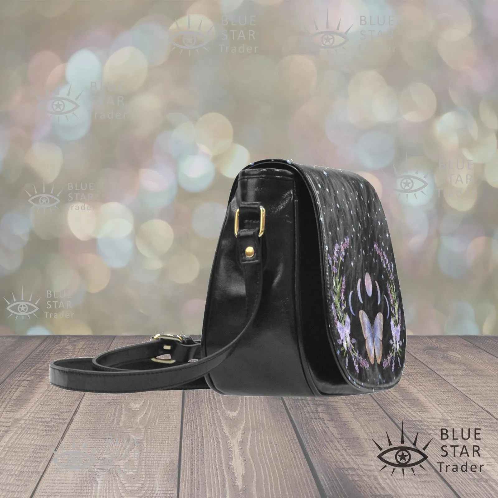 Purple Butterfly Saddlebag Purse with Lavender Flowers