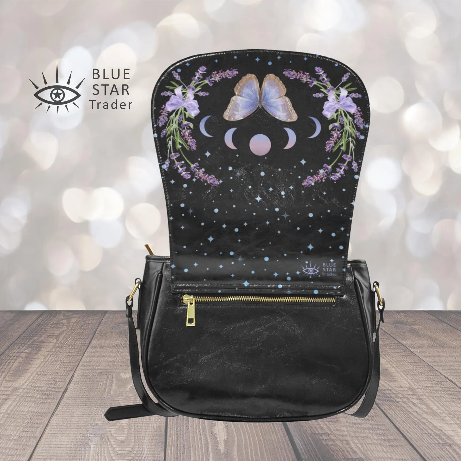 Purple Butterfly Saddlebag Purse with Lavender Flowers