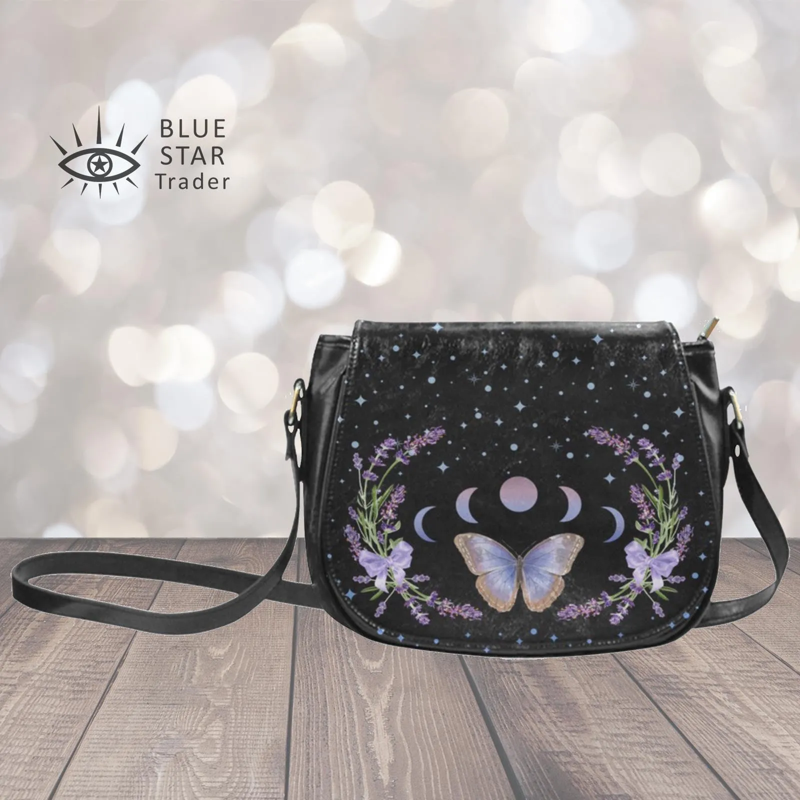 Purple Butterfly Saddlebag Purse with Lavender Flowers