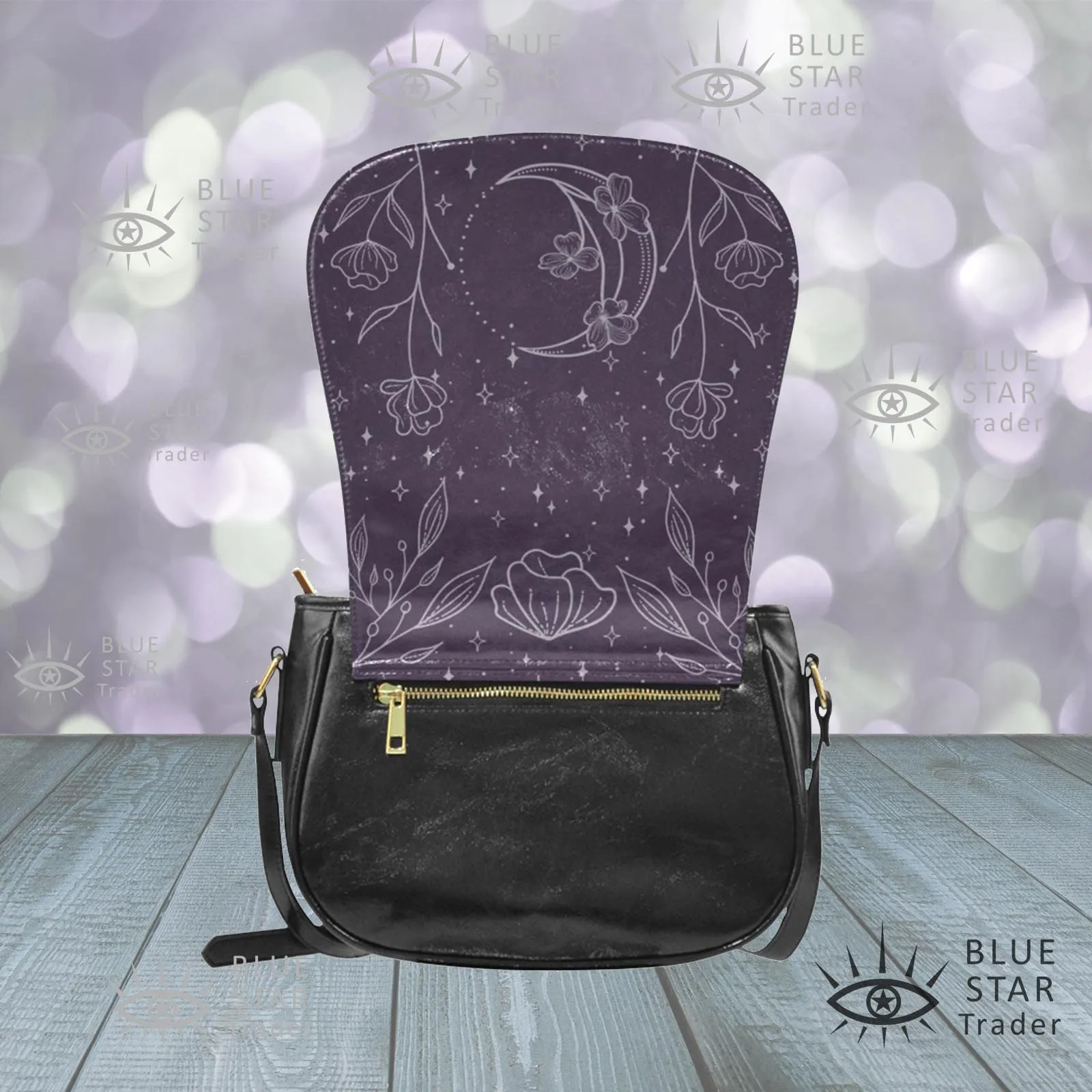 Purple Moon Flowers Vegan Saddle Bag Purse Saddlebag