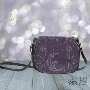 Purple Moon Flowers Vegan Saddle Bag Purse Saddlebag