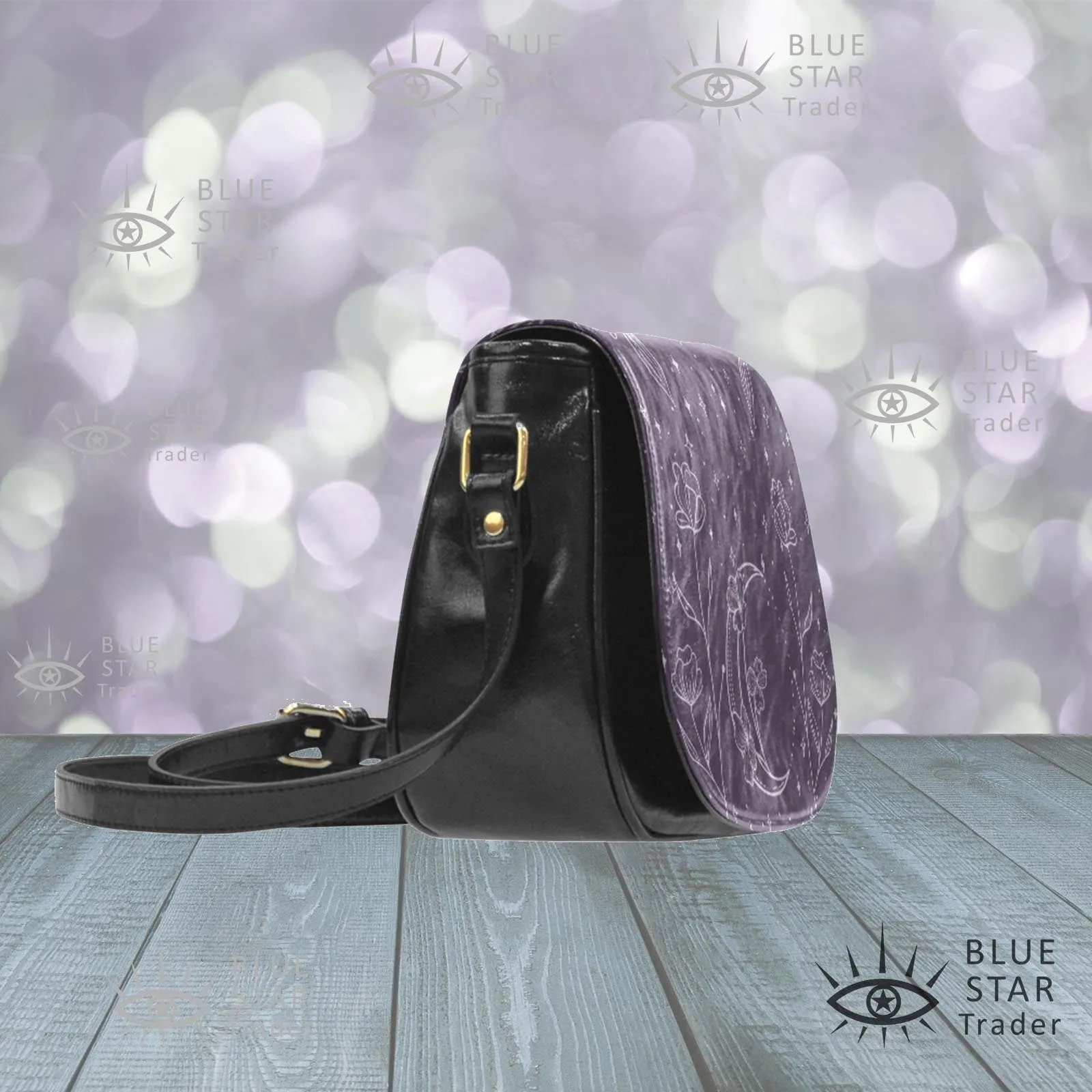 Purple Moon Flowers Vegan Saddle Bag Purse Saddlebag