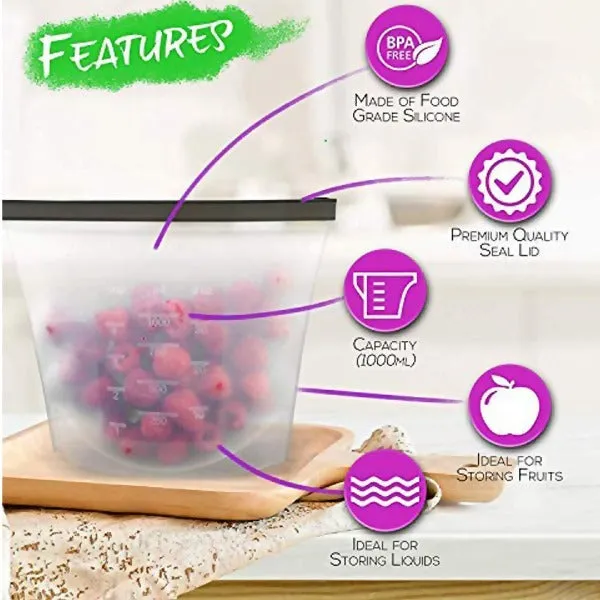 Re-usable Silicon Food Storage Zip Locks (Blue, 1500 ml)