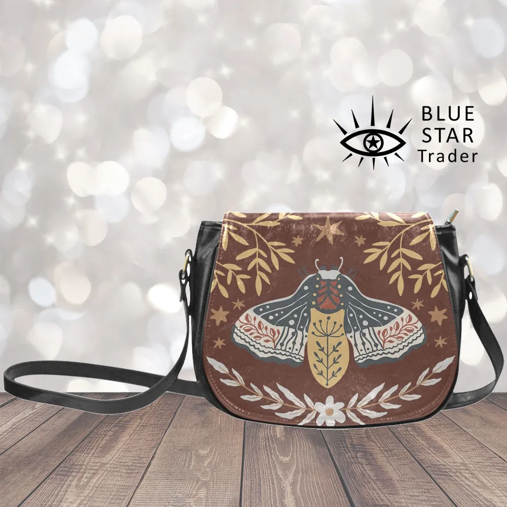Retro Brown Moth Purse, Vegan Saddle Bag Purse Crossbody Bag