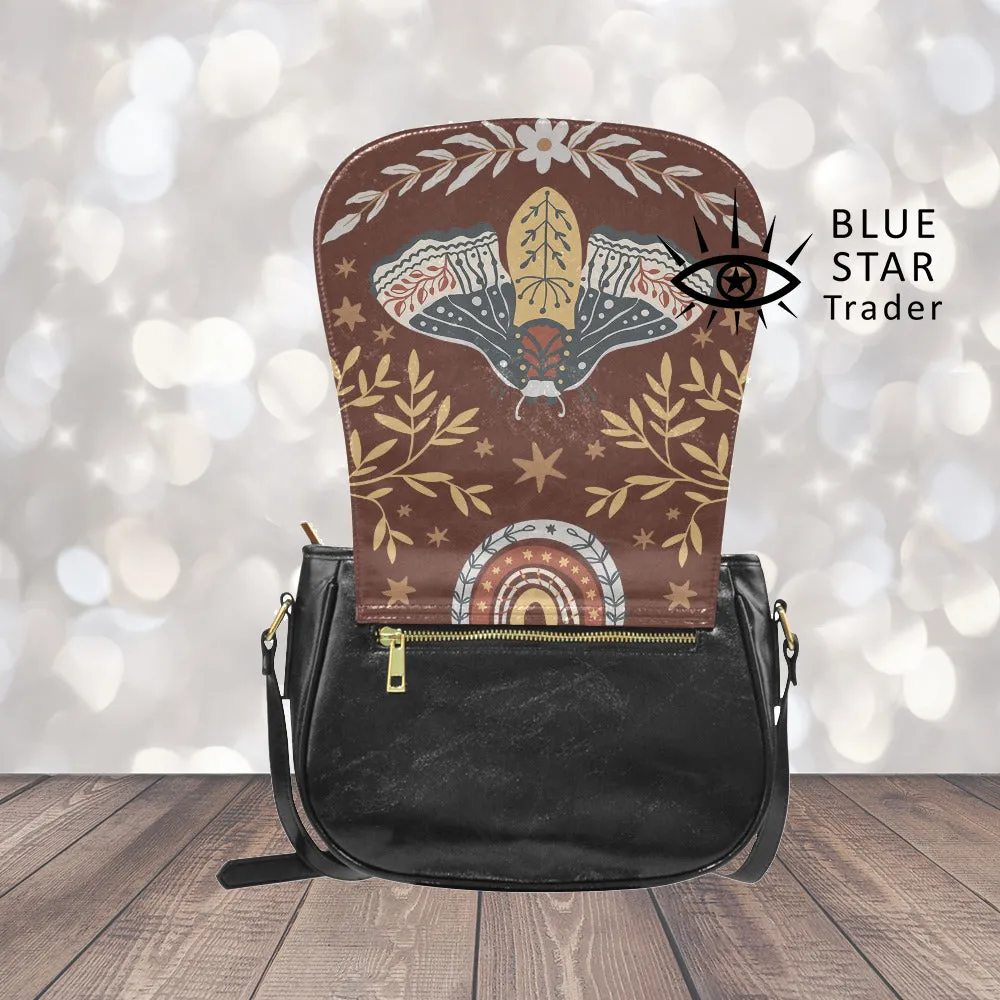 Retro Brown Moth Purse, Vegan Saddle Bag Purse Crossbody Bag