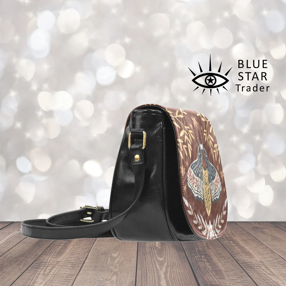 Retro Brown Moth Purse, Vegan Saddle Bag Purse Crossbody Bag