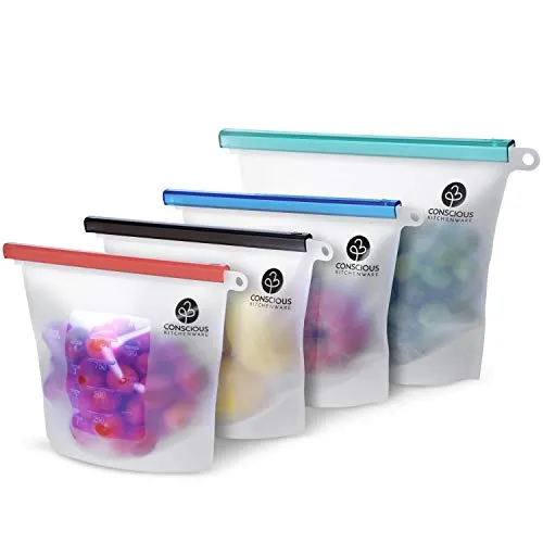 Reusable Silicone Food Storage Bags (1 Large 50 Oz   3 Small 30 Oz) | Airtight Reusable Ziploc Bags BPA Free - Microwave, Freezer and Dishwasher Safe | Silicon Ziplock Zip Top Containers