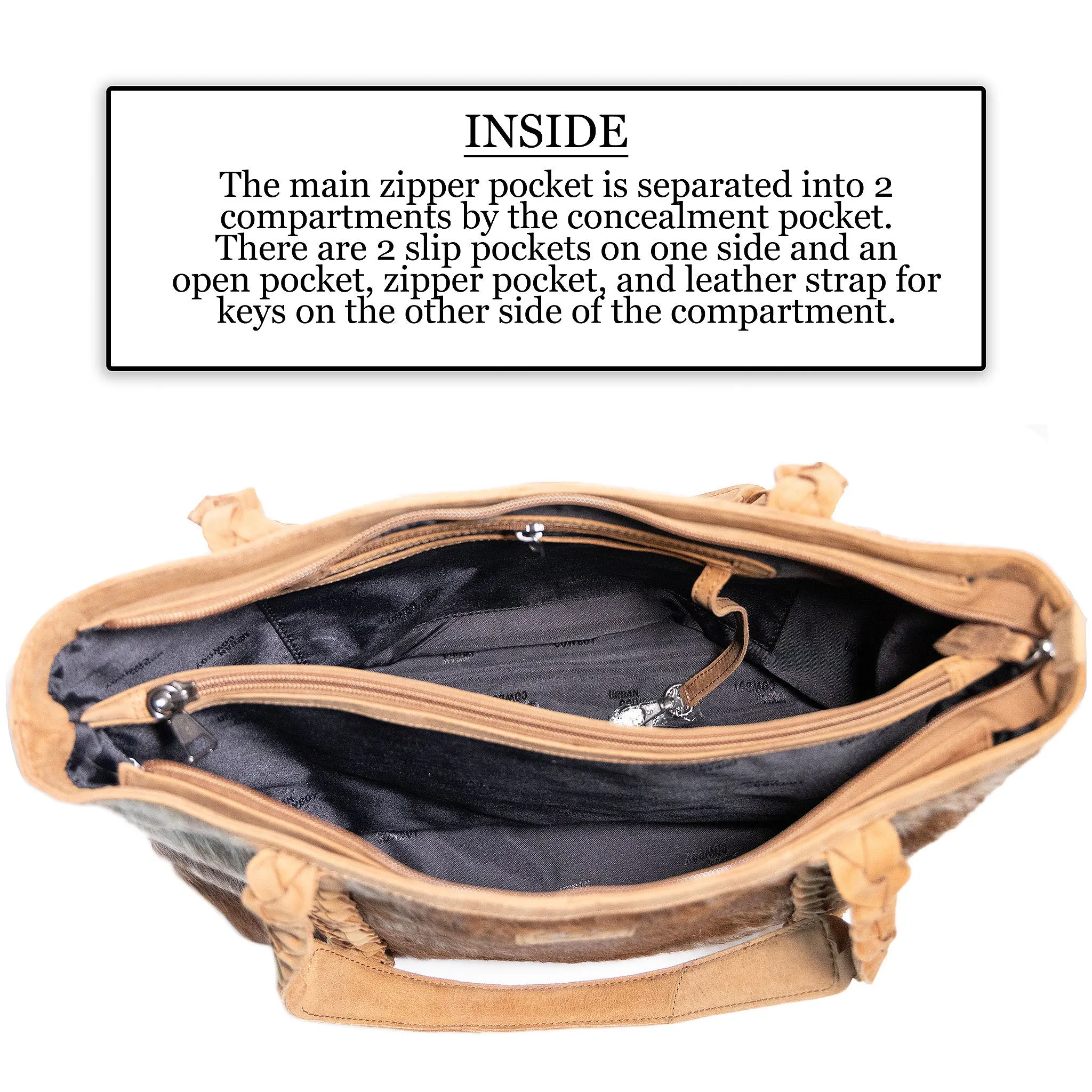 Riley | Leather Concealed Carry Tote, Shoulder Bag | Hair-On Cowhide with Braided Accents | Large-Size Bag | Locking Interior Concealment