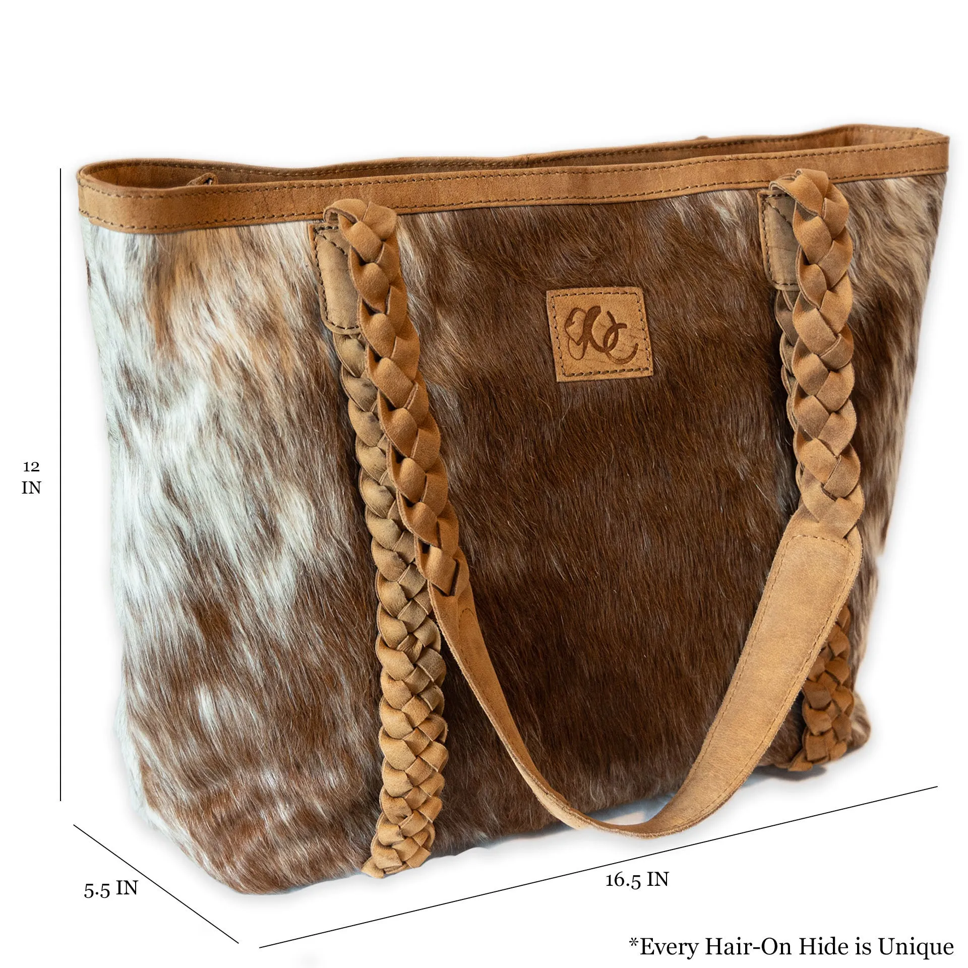 Riley | Leather Concealed Carry Tote, Shoulder Bag | Hair-On Cowhide with Braided Accents | Large-Size Bag | Locking Interior Concealment