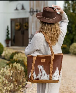 Riley | Leather Concealed Carry Tote, Shoulder Bag | Hair-On Cowhide with Braided Accents | Large-Size Bag | Locking Interior Concealment