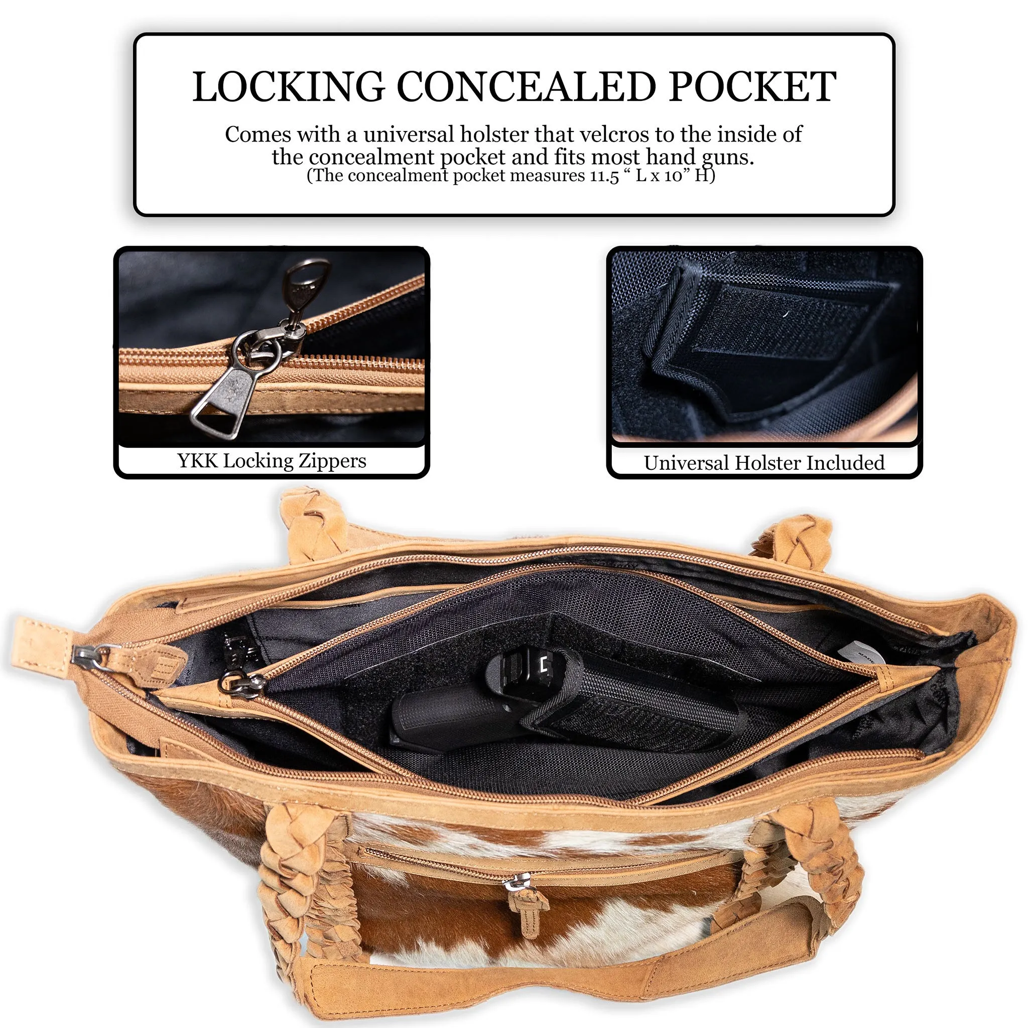 Riley | Leather Concealed Carry Tote, Shoulder Bag | Hair-On Cowhide with Braided Accents | Large-Size Bag | Locking Interior Concealment