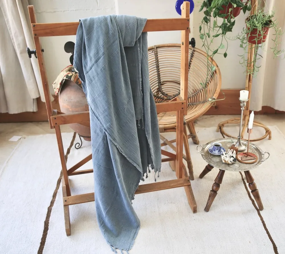 Rustic Large Pestemal Throw in Faded Blue