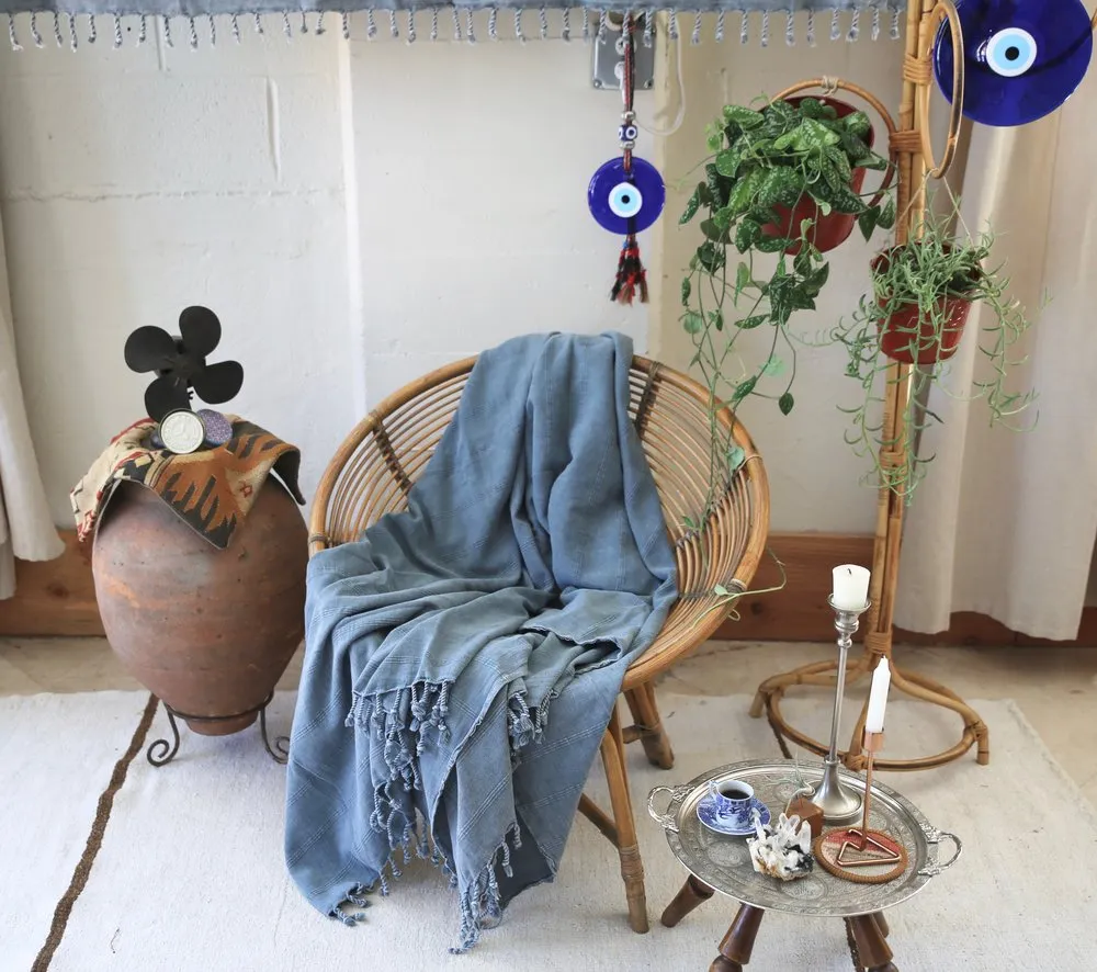 Rustic Large Pestemal Throw in Faded Blue
