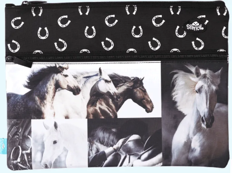 Spencil A4 Twin Zip Pencil Case-Black & White Horses