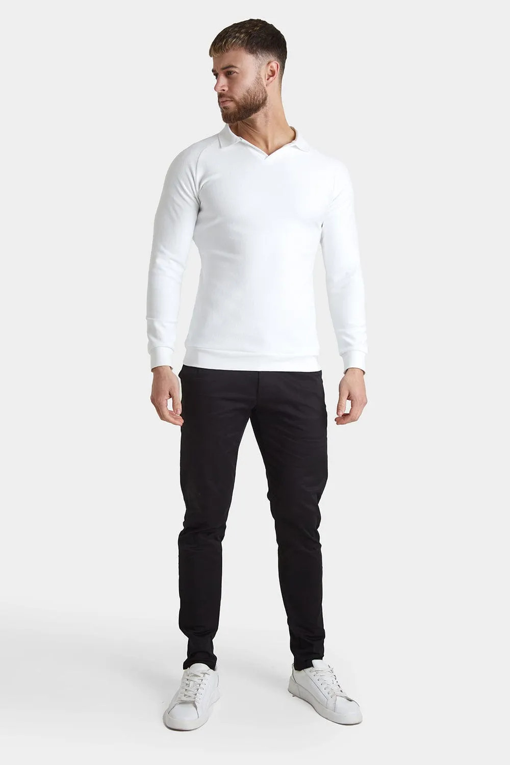 Textured Open Collar Polo in White
