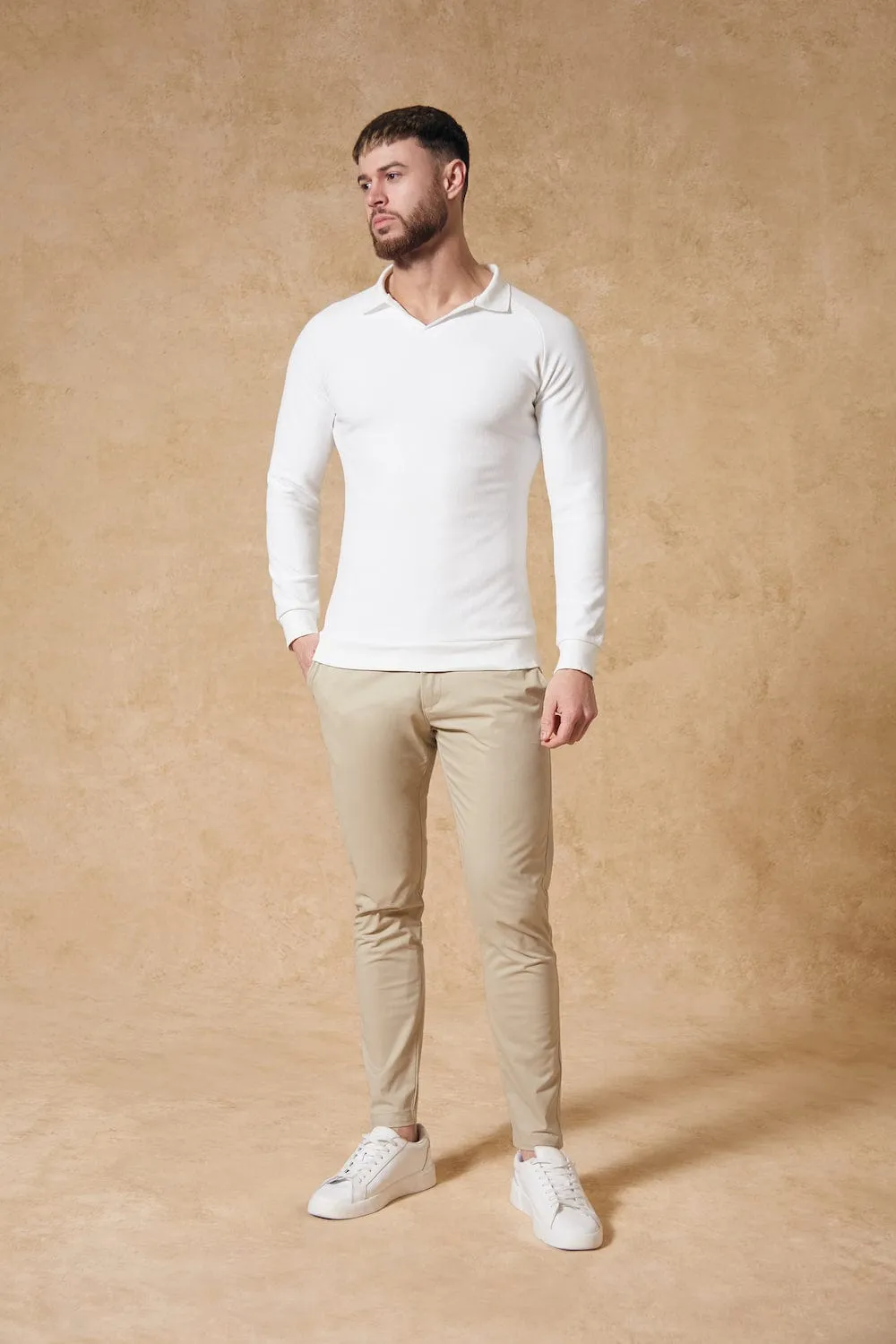 Textured Open Collar Polo in White