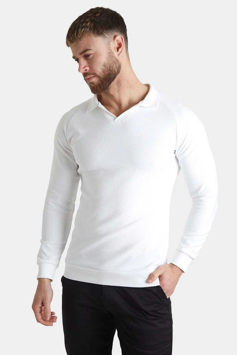 Textured Open Collar Polo in White