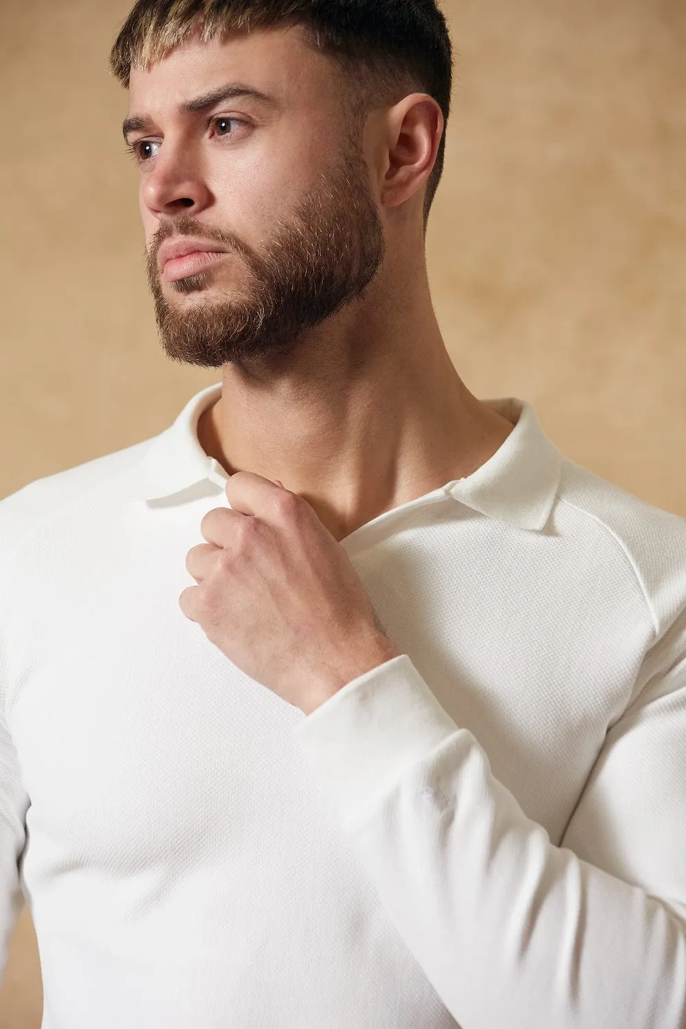 Textured Open Collar Polo in White