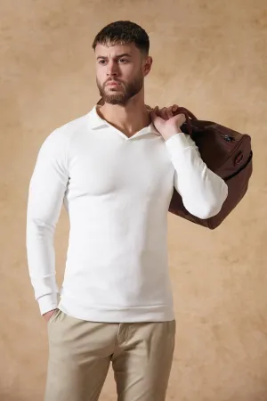 Textured Open Collar Polo in White