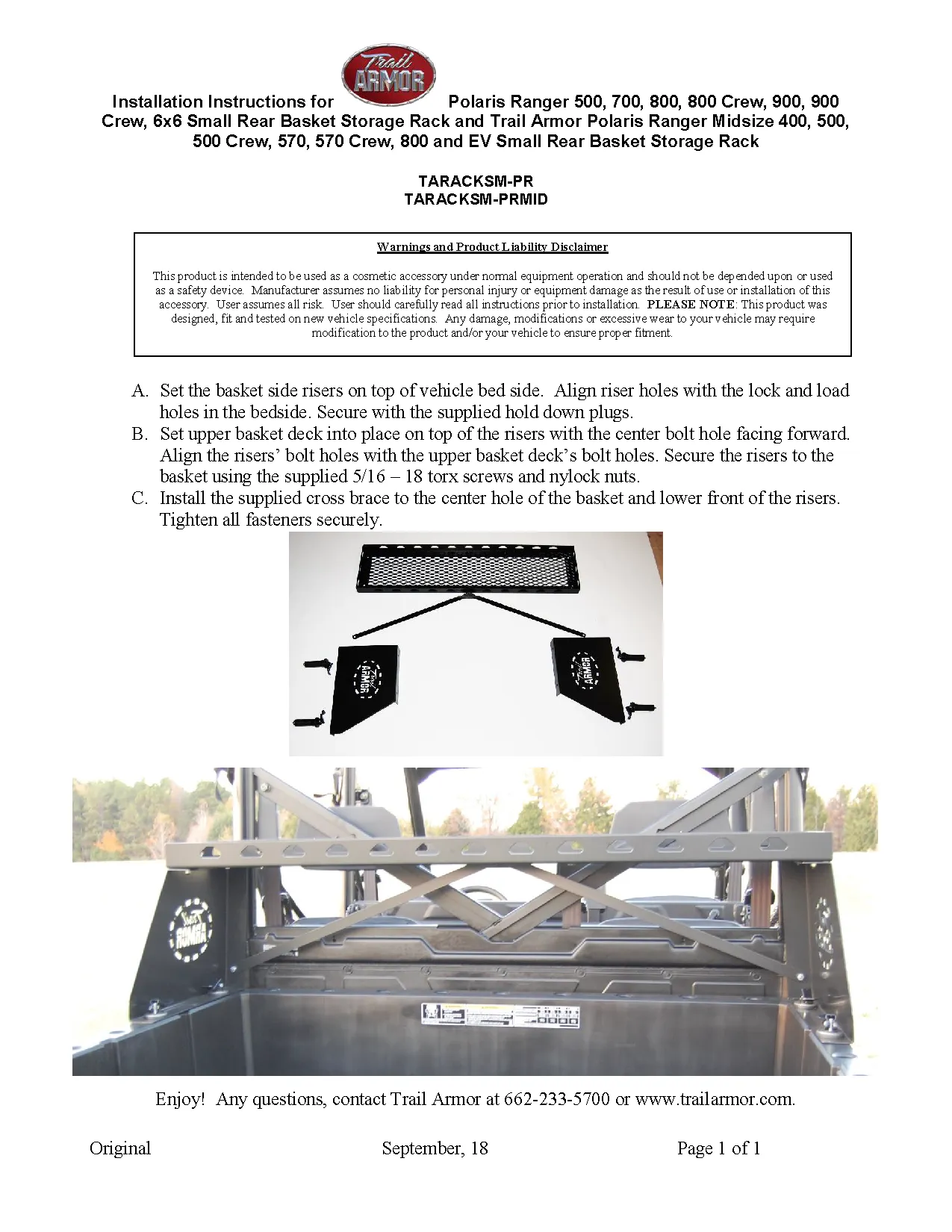 Trail Armor Polaris Ranger Midsize 400, 500, 500 Crew, 570, 800, ETX and EV Small Rear Basket Storage Rack
